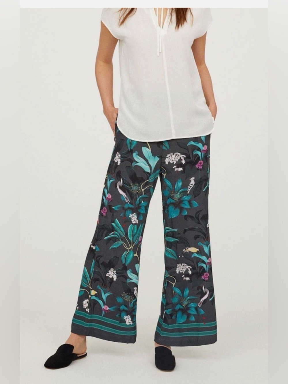 H&M  Anna Glover Wide-Leg Tropical Print Pants - Teal & Charcoal size 14 NWT